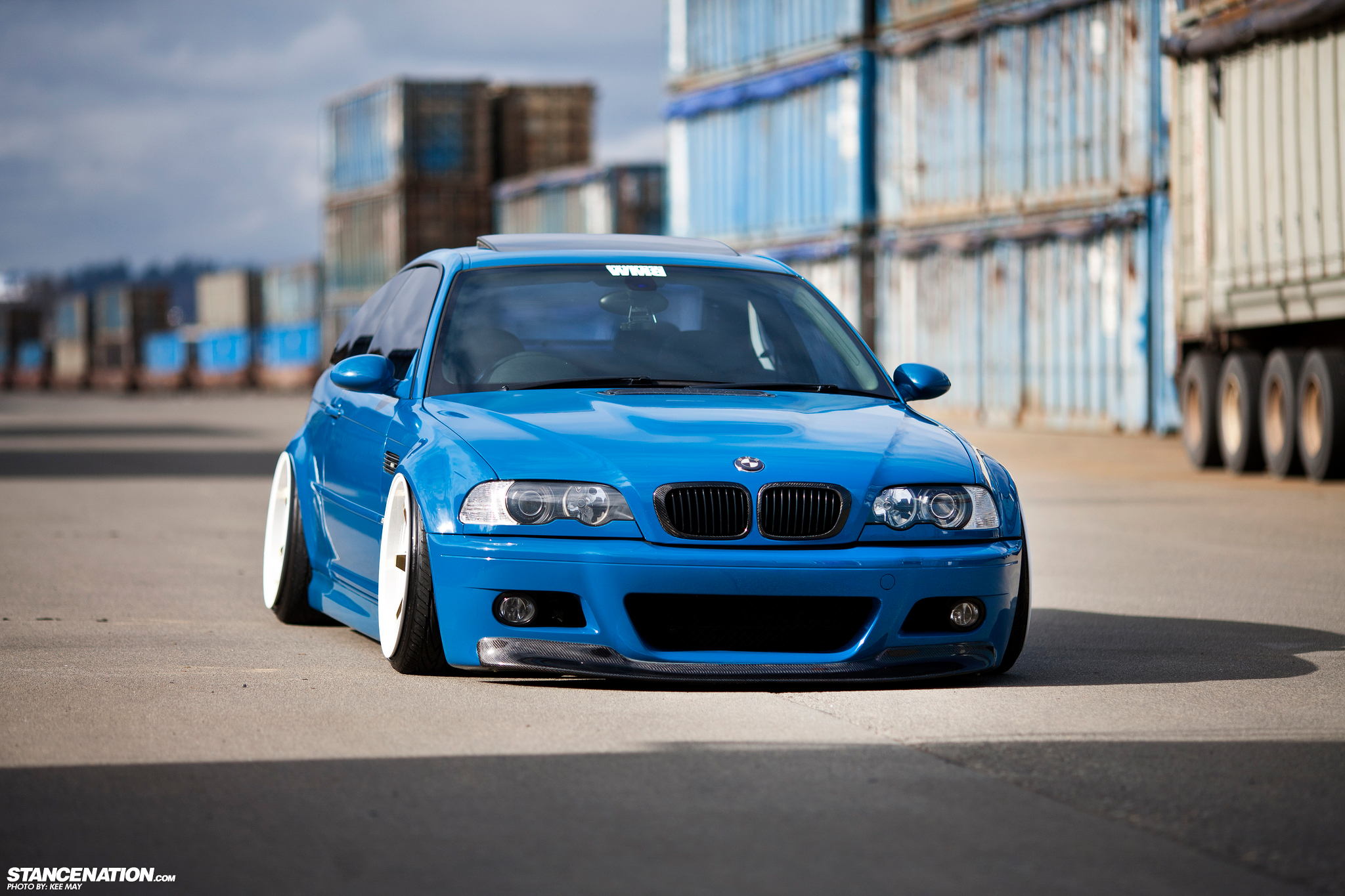 BMW M3, E46, blue sedan, tuning M3 E46, stance, beautiful wheels